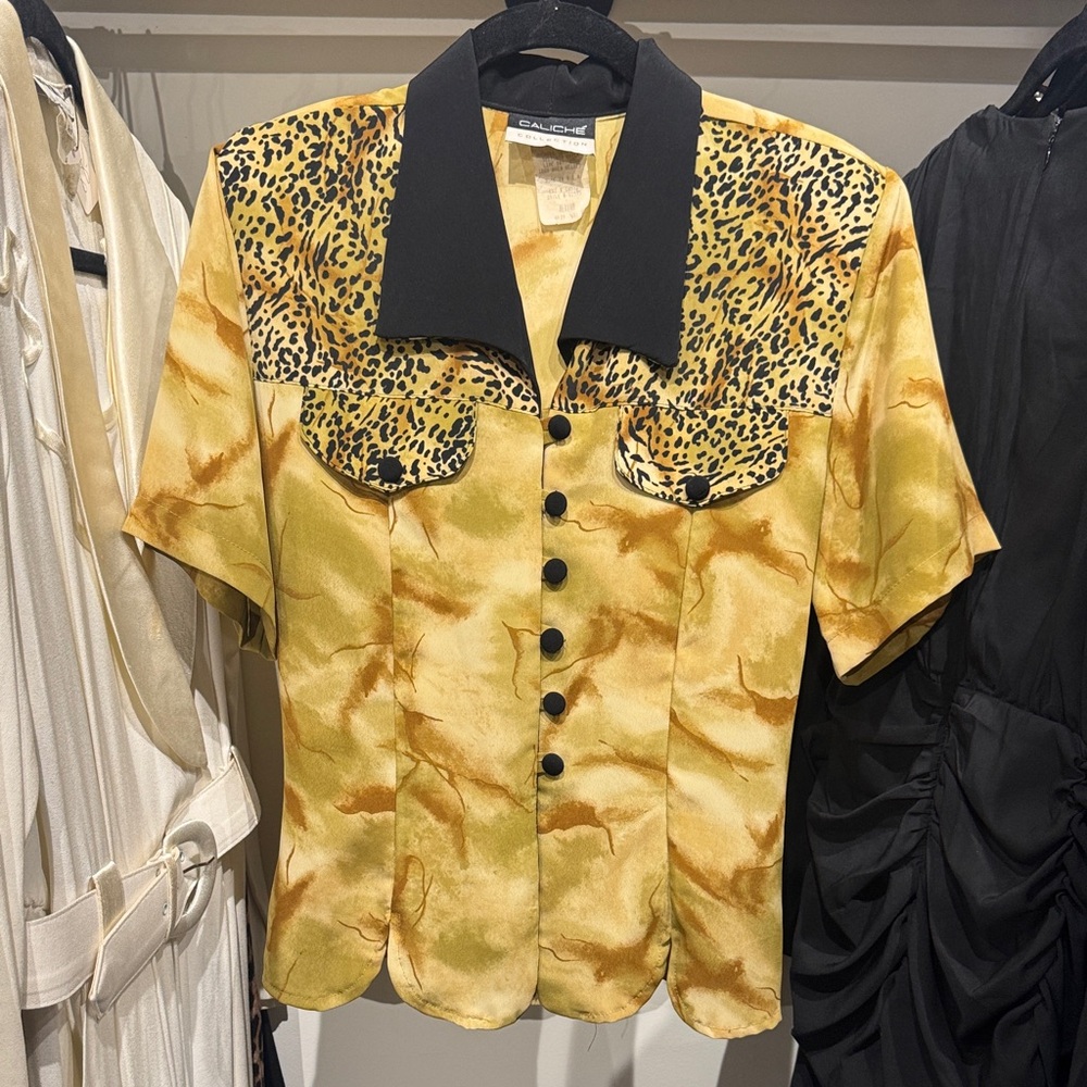 Vintage Caliche Yellow and Black Leopard Print S/s Blouse